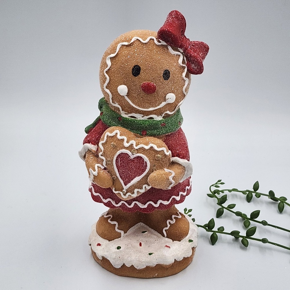 Gingerbread Girl Figurine Resin Brown Christmas Holiday Decor 7" Heart Bow NEW